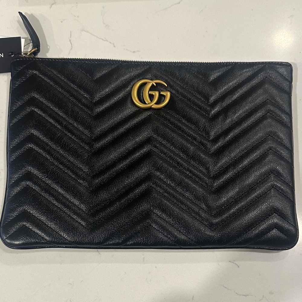 Gucci Black Chevron Leather Zip Pouch with Gold GG - Never Used